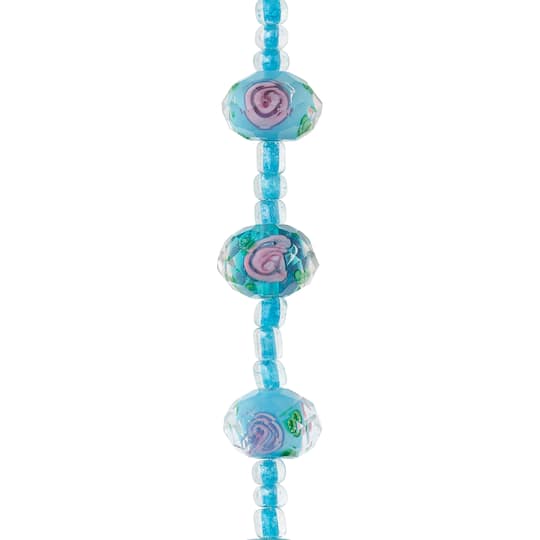 Aqua Floral Lampwork Glass Rondelle Beads, 11mm by Bead Landing™